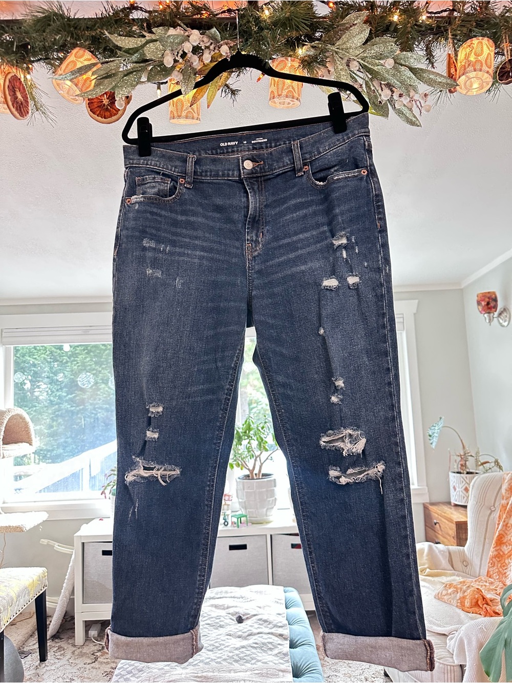 Old Navy Dark Blue Mid Rise Distressed Boyfriend Jeans - Size 10